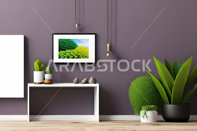 Room with modern and attractive designs, upscale home furnishings, interior decorations, hanging art paintings, antiques and accessories, modern designs, wooden photo frames, green ornamental plants, interior decor, purple wall