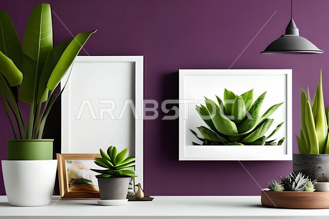 غرفة بتصاميم عصرية وجذابة، أثاث منزلي راقي، ديكورات داخلية، لوحات فنيه معلقة، تحف وإكسسوارات، تصاميم عصرية، براويز صور خشبية، نباتات الزينة الخضراء، ديكور داخلي، جدار ارجواني