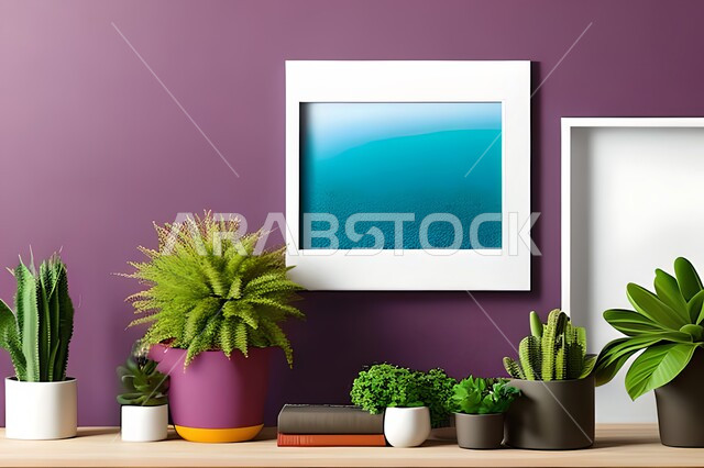 Room with modern and attractive designs, upscale home furnishings, interior decorations, hanging art paintings, antiques and accessories, modern designs, wooden photo frames, green ornamental plants, interior decor, purple wall