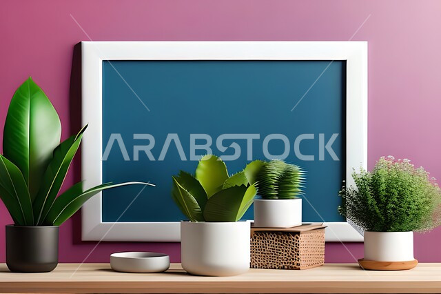 Room with modern and attractive designs, upscale home furnishings, interior decorations, hanging art paintings, antiques and accessories, modern designs, wooden photo frames, green ornamental plants, interior decor, purple wall