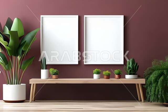 Room with modern and attractive designs, upscale home furnishings, interior decorations, hanging art paintings, antiques and accessories, modern designs, wooden photo frames, green ornamental plants, interior decor, purple wall