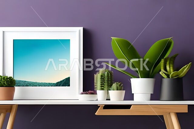 غرفة بتصاميم عصرية وجذابة، أثاث منزلي راقي، ديكورات داخلية، لوحات فنيه معلقة، تحف وإكسسوارات، تصاميم عصرية، براويز صور خشبية، نباتات الزينة الخضراء، ديكور داخلي، جدار ارجواني