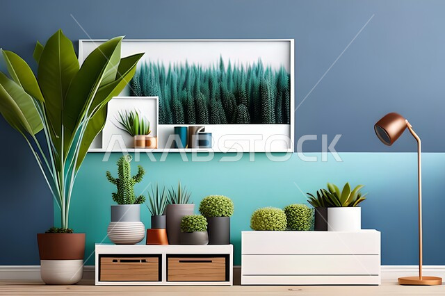 غرفة بتصاميم عصرية وجذابة، نباتات الزينة الخضراء، تصاميم عصرية، أثاث منزلي راقي، ديكورات داخلية، لوحات فنيه معلقة، تحف وإكسسوارات، براويز صور خشبية، ديكور داخلي، جدار ازرق