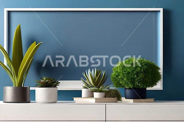 غرفة بتصاميم عصرية وجذابة، نباتات الزينة الخضراء، تصاميم عصرية، أثاث منزلي راقي، ديكورات داخلية، لوحات فنيه معلقة، تحف وإكسسوارات، براويز صور خشبية، ديكور داخلي، جدار ازرق