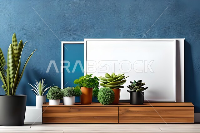 غرفة بتصاميم عصرية وجذابة، نباتات الزينة الخضراء، تصاميم عصرية، أثاث منزلي راقي، ديكورات داخلية، لوحات فنيه معلقة، تحف وإكسسوارات، براويز صور خشبية، ديكور داخلي، جدار ازرق