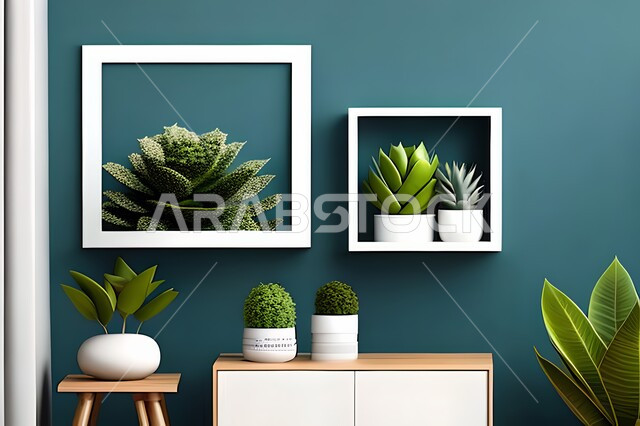 غرفة بتصاميم عصرية وجذابة، نباتات الزينة الخضراء، تصاميم عصرية، أثاث منزلي راقي، ديكورات داخلية، لوحات فنيه معلقة، تحف وإكسسوارات، براويز صور خشبية، ديكور داخلي، جدار ازرق