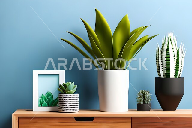 غرفة بتصاميم عصرية وجذابة، نباتات الزينة الخضراء، تصاميم عصرية، أثاث منزلي راقي، ديكورات داخلية، لوحات فنيه معلقة، تحف وإكسسوارات، براويز صور خشبية، ديكور داخلي، جدار ازرق