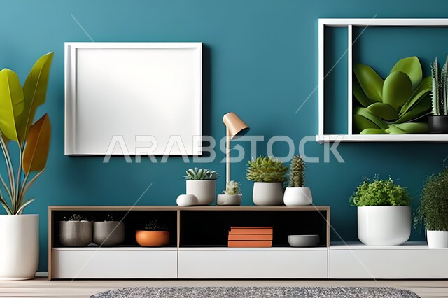 غرفة بتصاميم عصرية وجذابة، نباتات الزينة الخضراء، تصاميم عصرية، أثاث منزلي راقي، ديكورات داخلية، لوحات فنيه معلقة، تحف وإكسسوارات، براويز صور خشبية، ديكور داخلي، جدار ازرق