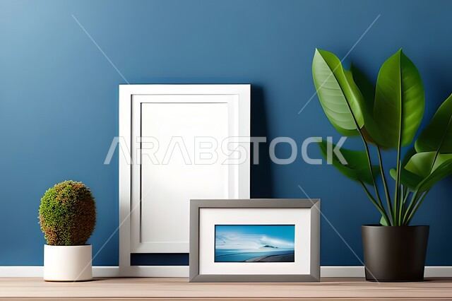 Room with modern and attractive designs, green ornamental plants, modern designs, upscale home furnishings, interior decorations, hanging art paintings, antiques and accessories, wooden photo frames, interior decor, blue wall