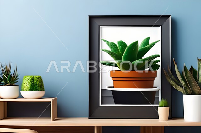 Room with modern and attractive designs, green ornamental plants, modern designs, upscale home furnishings, interior decorations, hanging art paintings, antiques and accessories, wooden photo frames, interior decor, blue wall