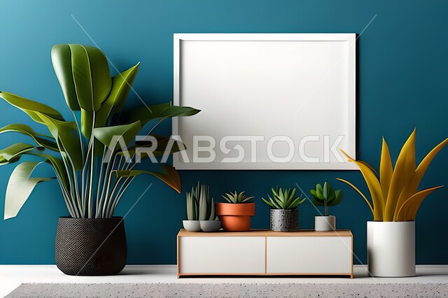 Room with modern and attractive designs, green ornamental plants, modern designs, upscale home furnishings, interior decorations, hanging art paintings, antiques and accessories, wooden photo frames, interior decor, blue wall