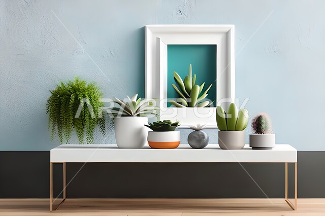 Room with modern and attractive designs, green ornamental plants, modern designs, upscale home furnishings, interior decorations, hanging art paintings, antiques and accessories, wooden photo frames, interior decor, blue wall
