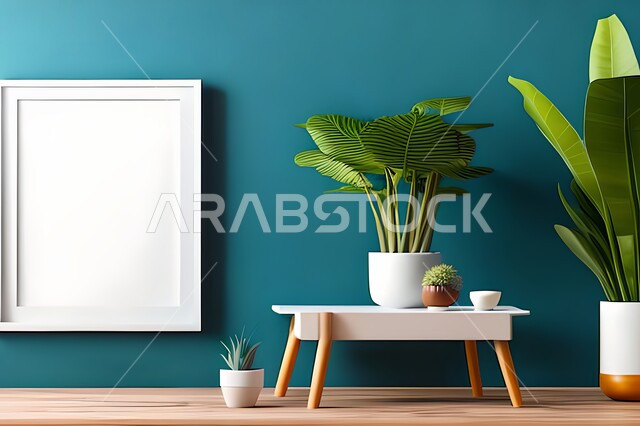 غرفة بتصاميم عصرية وجذابة، نباتات الزينة الخضراء، تصاميم عصرية، أثاث منزلي راقي، ديكورات داخلية، لوحات فنيه معلقة، تحف وإكسسوارات، براويز صور خشبية، ديكور داخلي، جدار ازرق