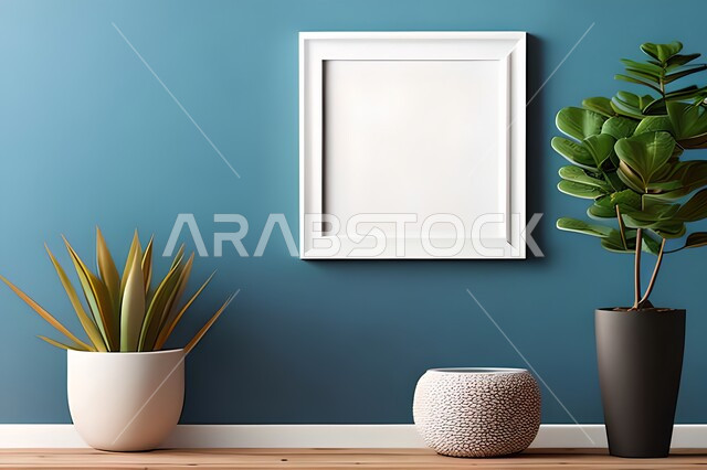 Room with modern and attractive designs, green ornamental plants, modern designs, upscale home furnishings, interior decorations, hanging art paintings, antiques and accessories, wooden photo frames, interior decor, blue wall