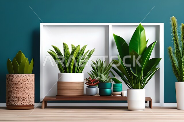 غرفة بتصاميم عصرية وجذابة، نباتات الزينة الخضراء، تصاميم عصرية، أثاث منزلي راقي، ديكورات داخلية، لوحات فنيه معلقة، تحف وإكسسوارات، براويز صور خشبية، ديكور داخلي، جدار ازرق