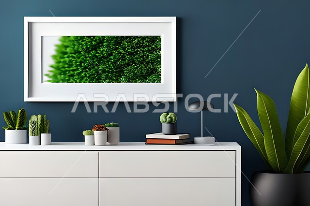 غرفة بتصاميم عصرية وجذابة، نباتات الزينة الخضراء، تصاميم عصرية، أثاث منزلي راقي، ديكورات داخلية، لوحات فنيه معلقة، تحف وإكسسوارات، براويز صور خشبية، ديكور داخلي، جدار ازرق