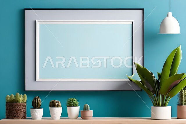 غرفة بتصاميم عصرية وجذابة، نباتات الزينة الخضراء، تصاميم عصرية، أثاث منزلي راقي، ديكورات داخلية، لوحات فنيه معلقة، تحف وإكسسوارات، براويز صور خشبية، ديكور داخلي، جدار ازرق