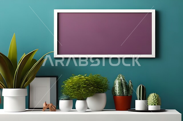 Room with modern and attractive designs, green ornamental plants, modern designs, upscale home furnishings, interior decorations, hanging art paintings, antiques and accessories, wooden photo frames, interior decor, blue wall