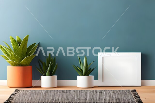 Room with modern and attractive designs, green ornamental plants, modern designs, upscale home furnishings, interior decorations, hanging art paintings, antiques and accessories, wooden photo frames, interior decor, blue wall