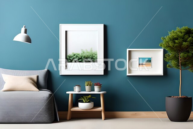 غرفة بتصاميم عصرية وجذابة، نباتات الزينة الخضراء، تصاميم عصرية، أثاث منزلي راقي، ديكورات داخلية، لوحات فنيه معلقة، تحف وإكسسوارات، براويز صور خشبية، ديكور داخلي، جدار ازرق
