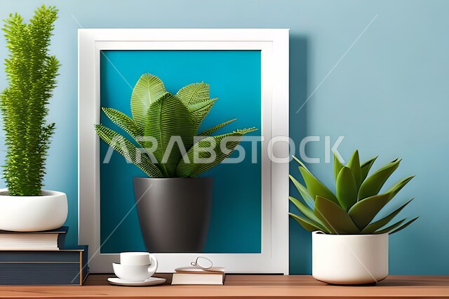 Room with modern and attractive designs, green ornamental plants, modern designs, upscale home furnishings, interior decorations, hanging art paintings, antiques and accessories, wooden photo frames, interior decor, blue wall