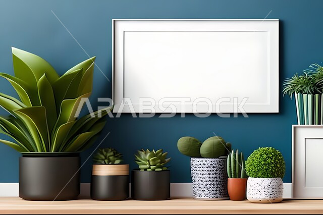 غرفة بتصاميم عصرية وجذابة، نباتات الزينة الخضراء، تصاميم عصرية، أثاث منزلي راقي، ديكورات داخلية، لوحات فنيه معلقة، تحف وإكسسوارات، براويز صور خشبية، ديكور داخلي، جدار ازرق