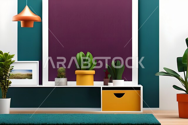 Room with modern and attractive designs, green ornamental plants, modern designs, upscale home furnishings, interior decorations, hanging art paintings, antiques and accessories, wooden photo frames, interior decor, blue wall