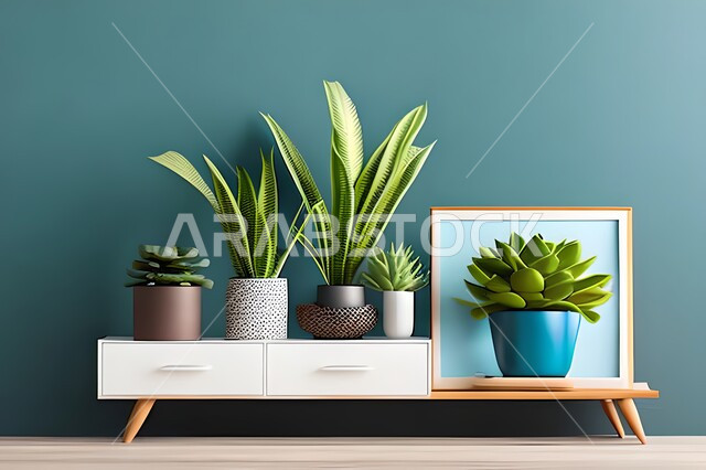 غرفة بتصاميم عصرية وجذابة، نباتات الزينة الخضراء، تصاميم عصرية، أثاث منزلي راقي، ديكورات داخلية، لوحات فنيه معلقة، تحف وإكسسوارات، براويز صور خشبية، ديكور داخلي، جدار ازرق