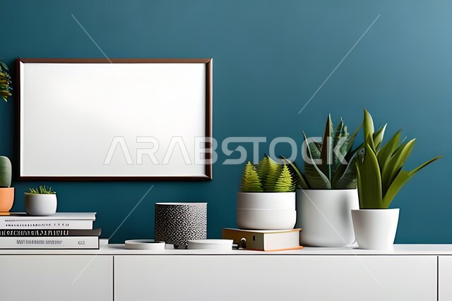Room with modern and attractive designs, green ornamental plants, modern designs, upscale home furnishings, interior decorations, hanging art paintings, antiques and accessories, wooden photo frames, interior decor, blue wall