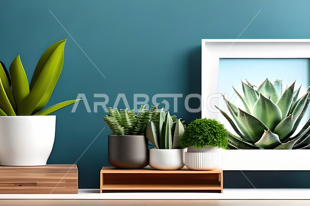 غرفة بتصاميم عصرية وجذابة، نباتات الزينة الخضراء، تصاميم عصرية، أثاث منزلي راقي، ديكورات داخلية، لوحات فنيه معلقة، تحف وإكسسوارات، براويز صور خشبية، ديكور داخلي، جدار ازرق