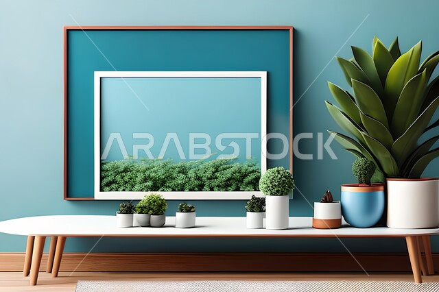 غرفة بتصاميم عصرية وجذابة، نباتات الزينة الخضراء، تصاميم عصرية، أثاث منزلي راقي، ديكورات داخلية، لوحات فنيه معلقة، تحف وإكسسوارات، براويز صور خشبية، ديكور داخلي، جدار ازرق