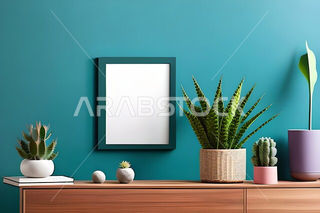 غرفة بتصاميم عصرية وجذابة، نباتات الزينة الخضراء، تصاميم عصرية، أثاث منزلي راقي، ديكورات داخلية، لوحات فنيه معلقة، تحف وإكسسوارات، براويز صور خشبية، ديكور داخلي، جدار ازرق