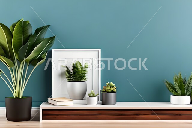 Room with modern and attractive designs, green ornamental plants, modern designs, upscale home furnishings, interior decorations, hanging art paintings, antiques and accessories, wooden photo frames, interior decor, blue wall