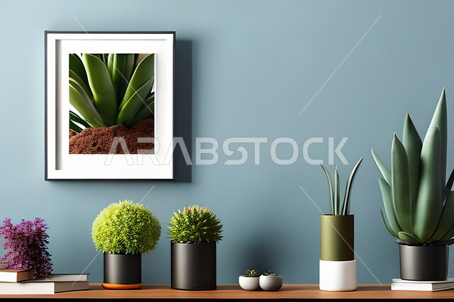 غرفة بتصاميم عصرية وجذابة، نباتات الزينة الخضراء، تصاميم عصرية، أثاث منزلي راقي، ديكورات داخلية، لوحات فنيه معلقة، تحف وإكسسوارات، براويز صور خشبية، ديكور داخلي، جدار ازرق