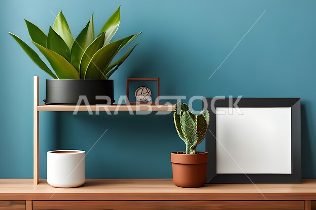 Room with modern and attractive designs, green ornamental plants, modern designs, upscale home furnishings, interior decorations, hanging art paintings, antiques and accessories, wooden photo frames, interior decor, blue wall