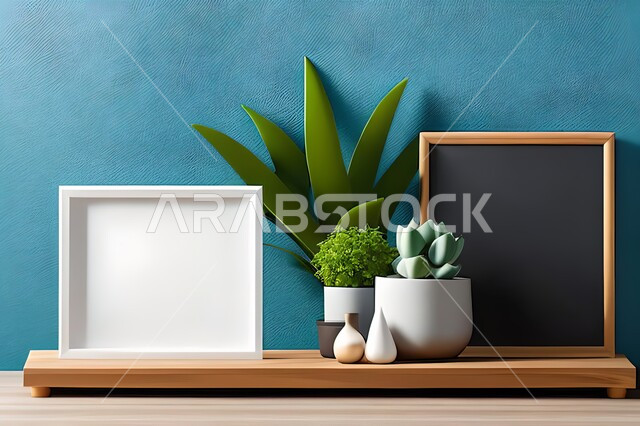 Room with modern and attractive designs, green ornamental plants, modern designs, upscale home furnishings, interior decorations, hanging art paintings, antiques and accessories, wooden photo frames, interior decor, blue wall