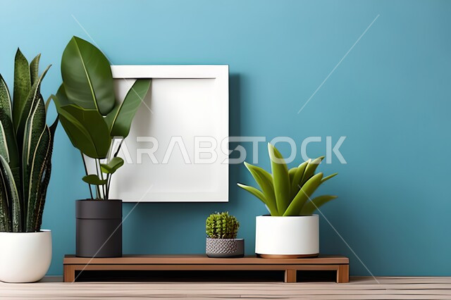 Room with modern and attractive designs, green ornamental plants, modern designs, upscale home furnishings, interior decorations, hanging art paintings, antiques and accessories, wooden photo frames, interior decor, blue wall