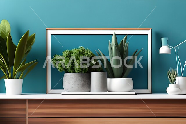 Room with modern and attractive designs, green ornamental plants, modern designs, upscale home furnishings, interior decorations, hanging art paintings, antiques and accessories, wooden photo frames, interior decor, blue wall