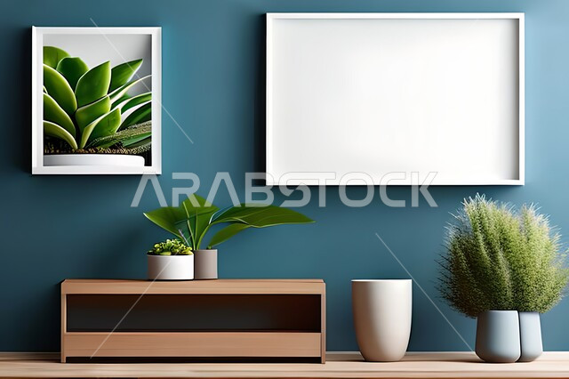 غرفة بتصاميم عصرية وجذابة، نباتات الزينة الخضراء، تصاميم عصرية، أثاث منزلي راقي، ديكورات داخلية، لوحات فنيه معلقة، تحف وإكسسوارات، براويز صور خشبية، ديكور داخلي، جدار ازرق