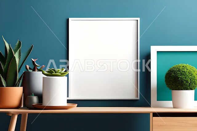 غرفة بتصاميم عصرية وجذابة، نباتات الزينة الخضراء، تصاميم عصرية، أثاث منزلي راقي، ديكورات داخلية، لوحات فنيه معلقة، تحف وإكسسوارات، براويز صور خشبية، ديكور داخلي، جدار ازرق