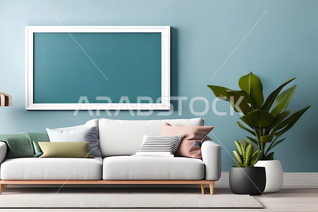 غرفة بتصاميم عصرية وجذابة، نباتات الزينة الخضراء، تصاميم عصرية، أثاث منزلي راقي، ديكورات داخلية، لوحات فنيه معلقة، تحف وإكسسوارات، براويز صور خشبية، ديكور داخلي، جدار ازرق