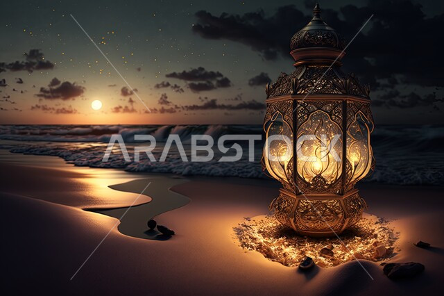 فانوس معدني مضيء على رمال البحر، إضاءة وزينة شهر رمضان، مناظر طبيعية، شاطئ البحر، امواج البحر، شهر رمضان، الطبيعة البحرية