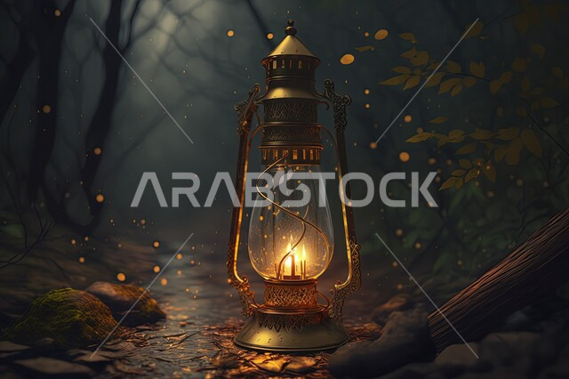 مصباح  معدني مضيء، اوراق الاشجار الخضراء، جذوع الاشجار، اغصان الاشجار، مناظر طبيعية، اضاء وزينة شهر رمضان، فانوس مضيء