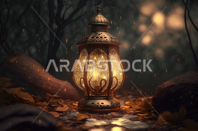 فانوس معدني مضيء، اغصان الاشجار، اضاء وزينة شهر رمضان، اوراق الاشجار الخضراء، جذوع الاشجار، مناظر طبيعية، مصباح مضيء