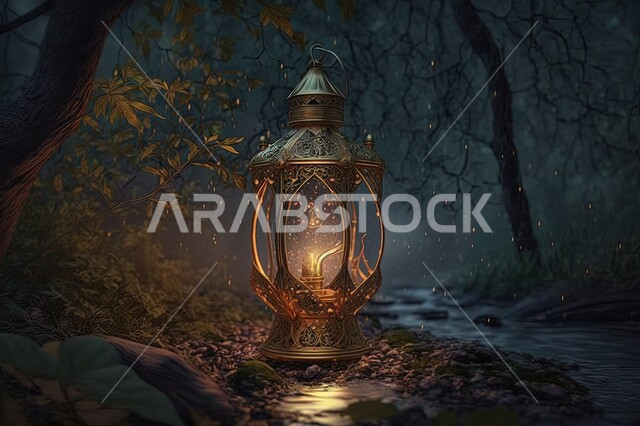 فانوس معدني مضيء، جذوع الاشجار، اضاء وزينة شهر رمضان، اوراق الاشجار الخضراء، اغصان الاشجار، مناظر طبيعية، مصباح مضيء