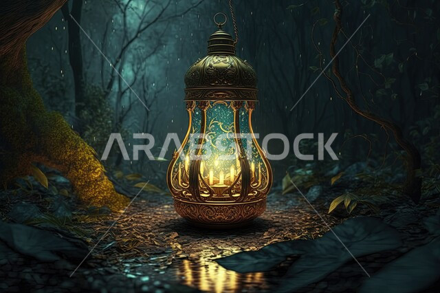 فانوس معدني مضيء، اضاء وزينة شهر رمضان، اوراق الاشجار الخضراء، جذوع الاشجار، اغصان الاشجار، مناظر طبيعية، مصباح مضيء