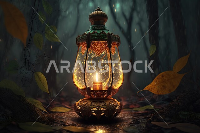 فانوس معدني مضيء، اغصان الاشجار، جذوع الاشجار، اوراق الاشجار الخضراء، مناظر طبيعية، اضاء وزينة شهر رمضان، مصباح مضيء