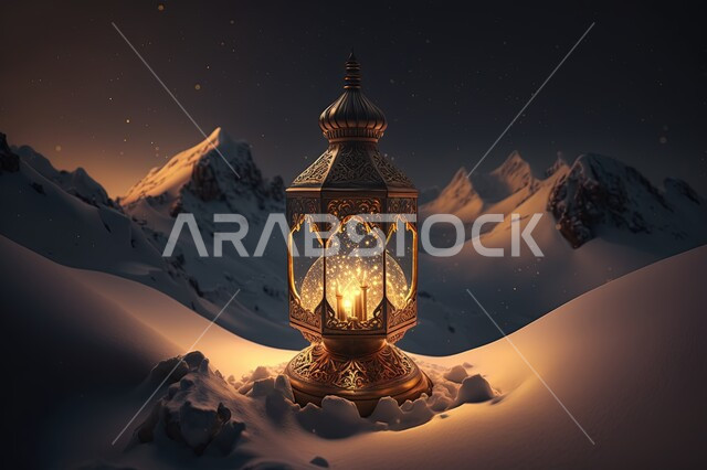 مصباح معدني مضيء على الثلوج البيضاء، الجبال الثلجية، الجبال والمرتفعات، القمم الجبلية، مناظر طبيعية، إضاءة وزينة شهر رمضان، فانوس مضيء