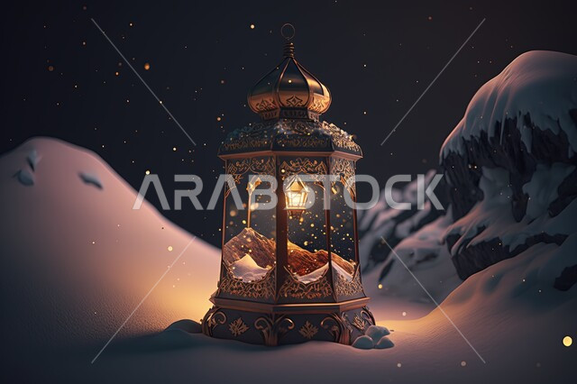 مصباح فانوس معدني مضيء على الثلوج البيضاء، القمم الجبلية، الجبال والمرتفعات، الجبال الثلجية، مناظر طبيعية، إضاءة وزينة شهر رمضان، فانوس مضيء