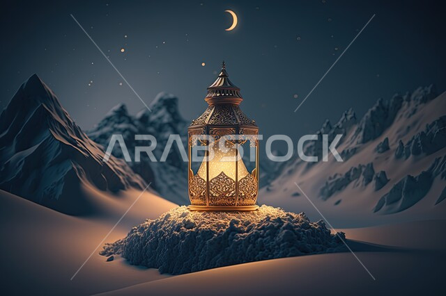 فانوس معدني مضيء على الثلوج البيضاء، إضاءة وزينة شهر رمضان، الجبال والمرتفعات، القمم الجبلية، الجبال الثلجية، مناظر طبيعية، مصباح مضيء